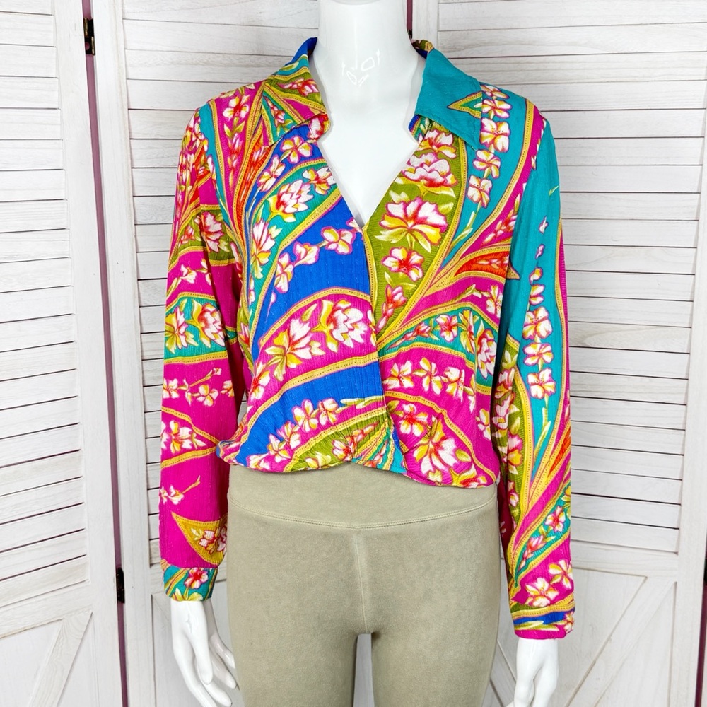 Haute Hippie Boho Hawaiian Floral Faux Wrap Crop Long Sleeve Blouse Pink Teal S